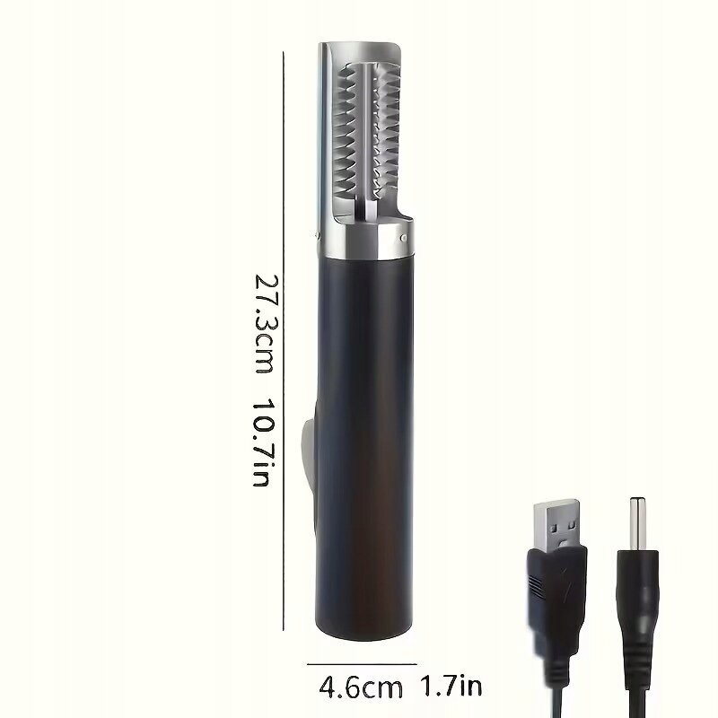 Na obrazie widoczna jest elektryczna skrobaczka do łusek ryb z metalową głowicą i czarnym uchwytem. Obok znajduje się kabel USB, a wymiary urządzenia to 27.3 cm (10.7 in) wysokości i 4.6 cm (1.7 in) szerokości.