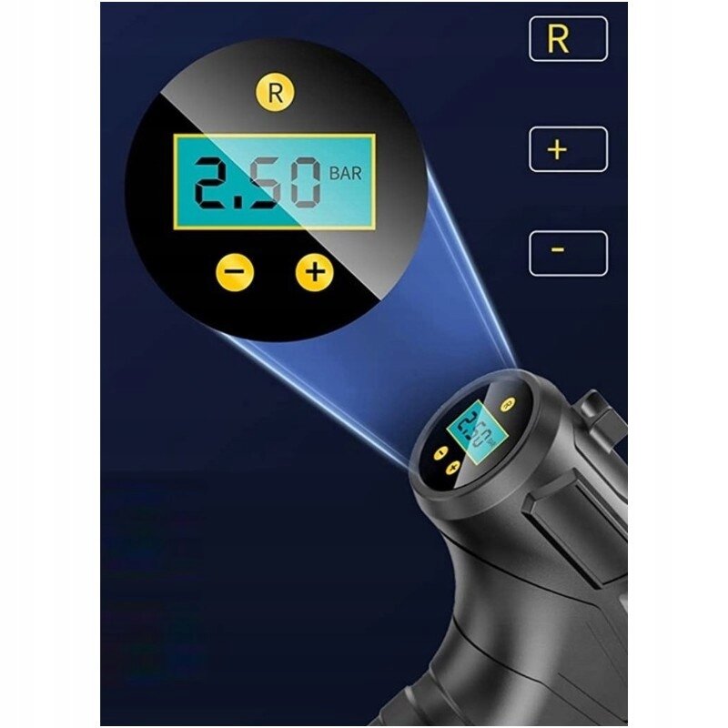 Obraz przedstawia wyświetlacz elektroniczny pompki elektrycznej z wartością 2.50 BAR. Obok znajdują się przyciski oznaczone jako R, + i -.