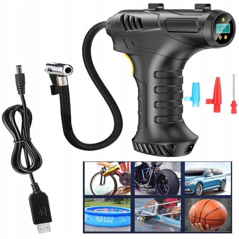 Na obrazie widoczna jest czarna pompka elektryczna z wyświetlaczem cyfrowym, elastycznym wężem i różnymi końcówkami. Obok znajduje się kabel USB oraz zdjęcia przedstawiające zastosowanie pompki do roweru, motocykla, samochodu, basenu, łodzi i piłki.