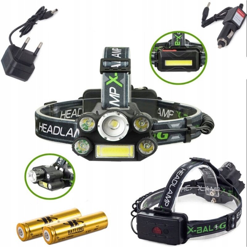Na obrazie znajduje się latarka czołowa z kilkoma diodami LED, elastycznym paskiem z napisem \'HEADLAMP\' oraz akcesoriami, takimi jak ładowarka sieciowa, ładowarka samochodowa i dwie baterie oznaczone jako \'BAILONG\'.
