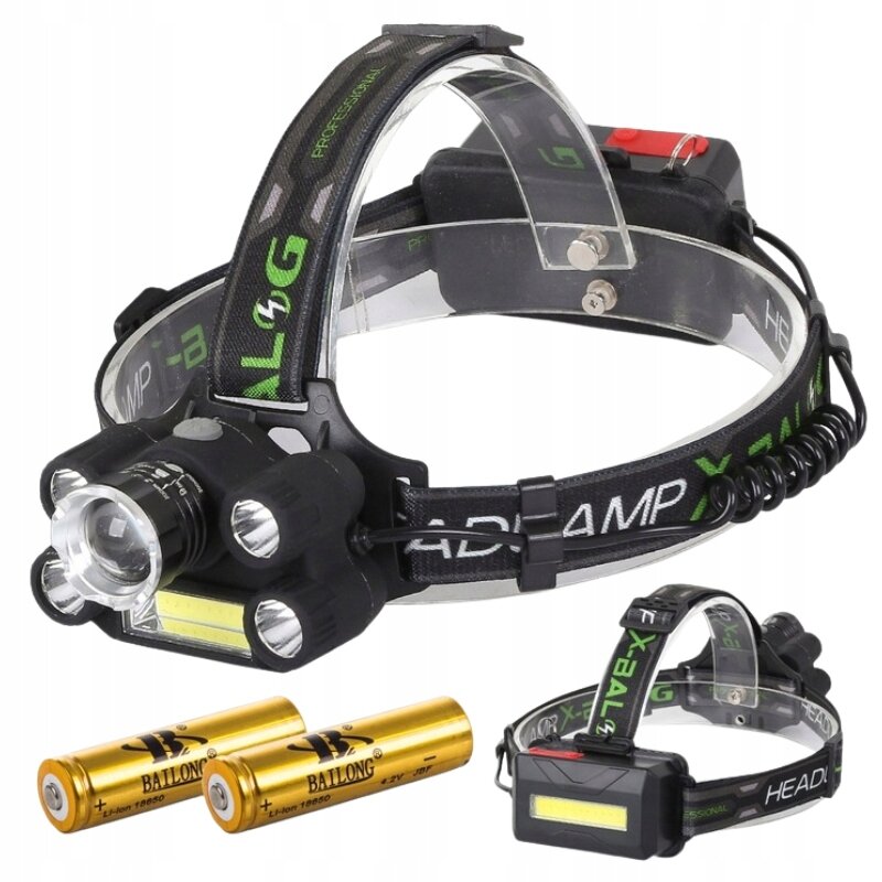 Latarka czołowa z trzema diodami LED, zamocowana na elastycznym pasku z napisami \'PROFESSIONAL\' i \'HEADLAMP\'. Obok znajdują się dwie złote baterie z napisem \'BAILONG\'.