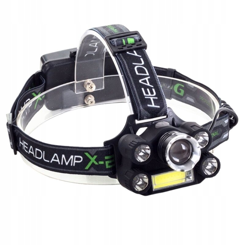 Latarka czołowa z kilkoma diodami LED, zamocowana na regulowanym pasku z napisem \'HEADLAMP X-E\'.