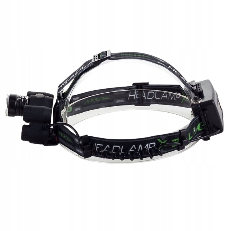 Na zdjęciu widoczna jest czarna latarka czołowa z elastycznym paskiem, na którym znajduje się napis \'HEADLAMP\'. Latarka ma solidną konstrukcję z dużym reflektorem z przodu.