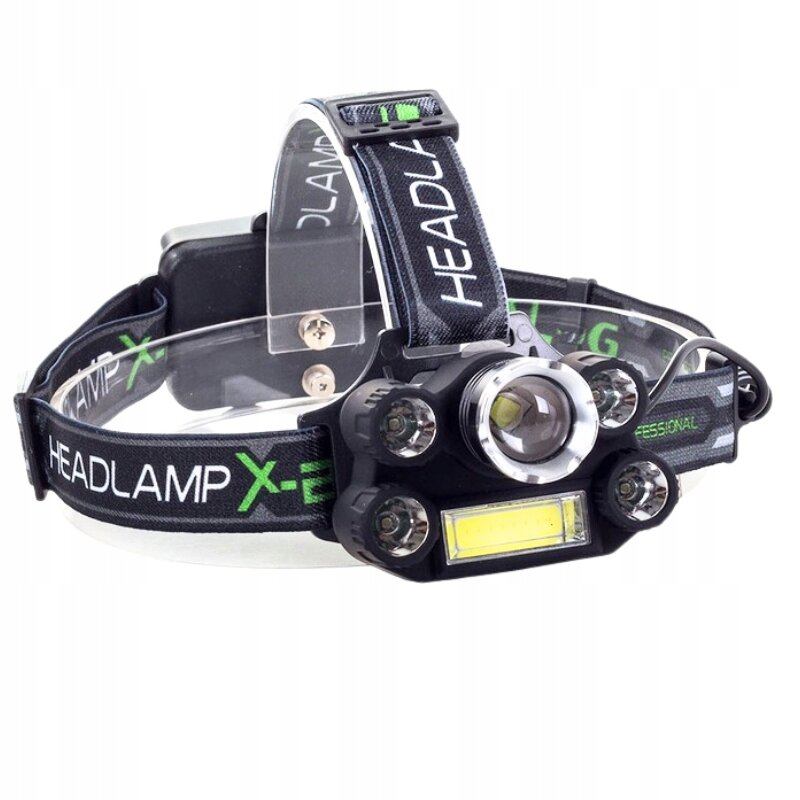 Latarka czołowa z kilkoma diodami LED, zamocowana na elastycznym pasku z napisem \'HEADLAMP X-E\'.
