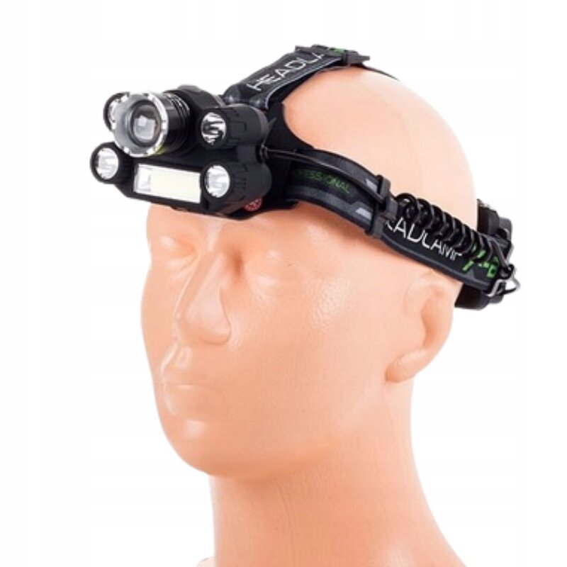 Manekin z założoną latarką czołową z kilkoma diodami LED i regulowanym paskiem. Na pasku widoczny jest napis \'HEADLAMP\'.