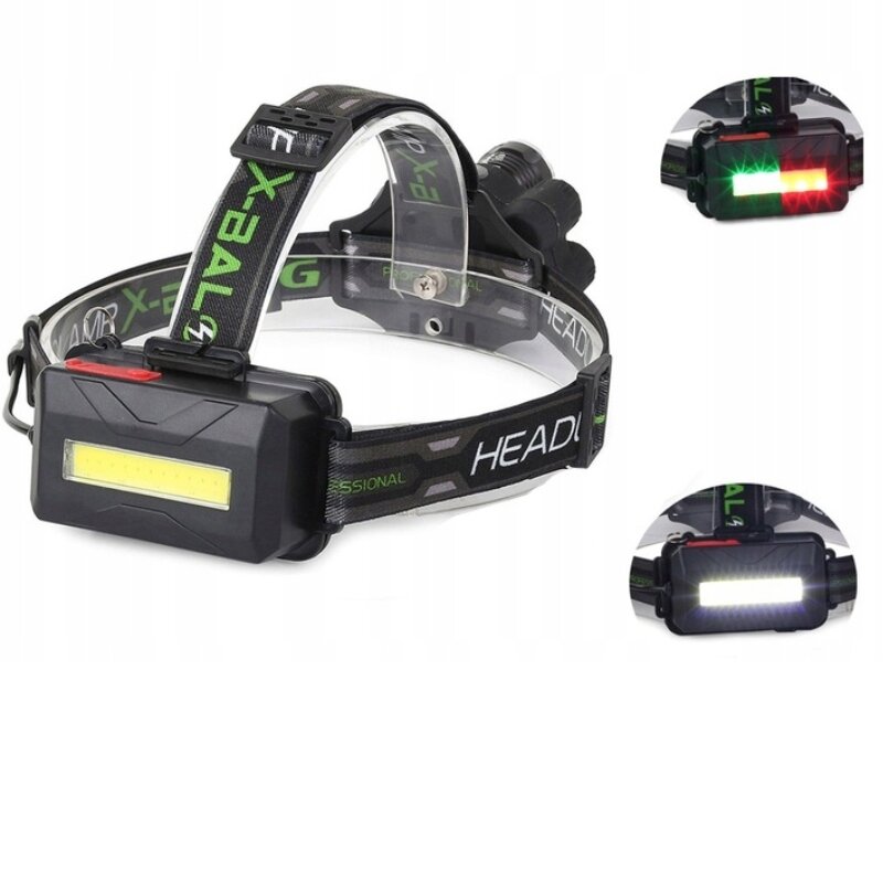 Latarka czołowa z czarnym paskiem z napisem \'HEADLAMP\' i \'PROFESSIONAL\', posiadająca prostokątną lampę LED. Dwa małe zdjęcia pokazują latarkę z włączonymi światłami: jedno z białym, a drugie z czerwonym i zielonym światłem.
