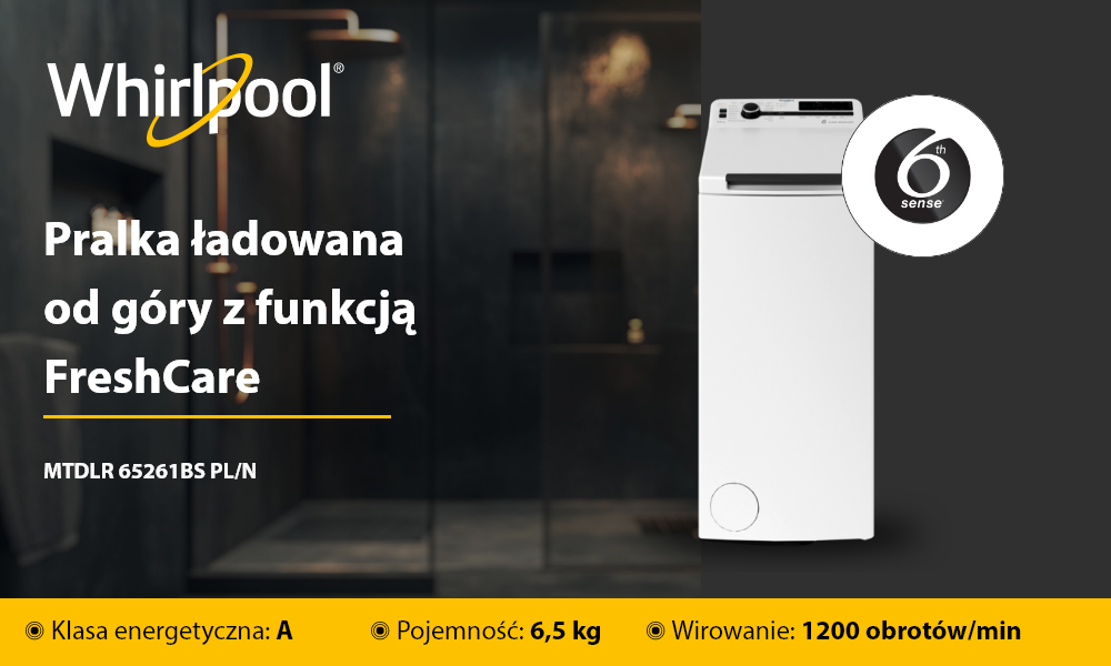 PRALKA WHIRLPOOL MTDLR 65261BS wizualizacja baner top front ładowana od góry najważniejsze cechy funkcje pojemność 6 Zmysł klasa energetyczna wirowanie model marka logo