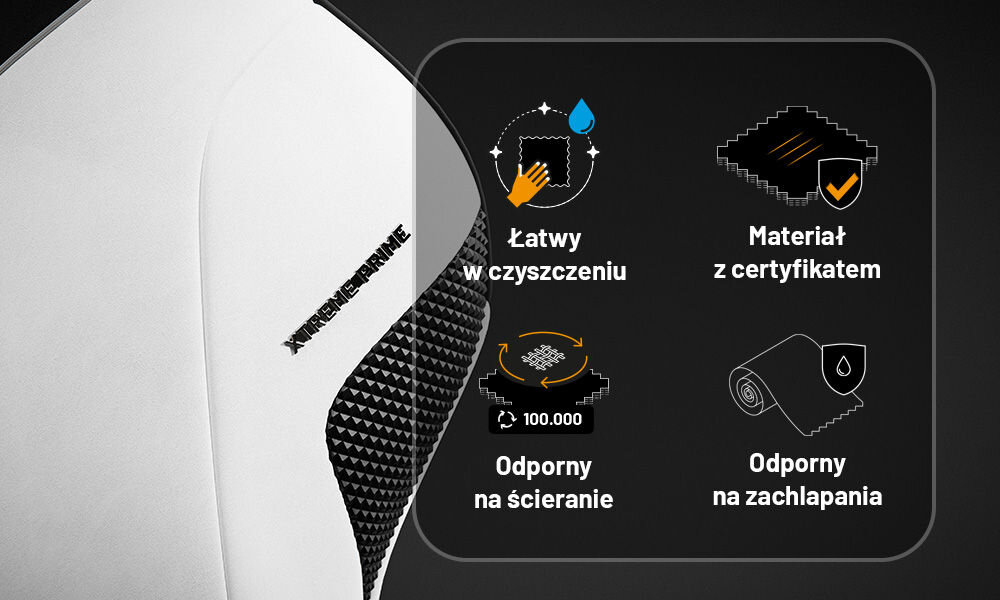 Fotel DIABLO CHAIRS X-One 2.0 Prime Biało-czarny prezentacja zalet tkaniny na tle fotela materiał GentlePro™ odporność miękkość dobra wentylacja