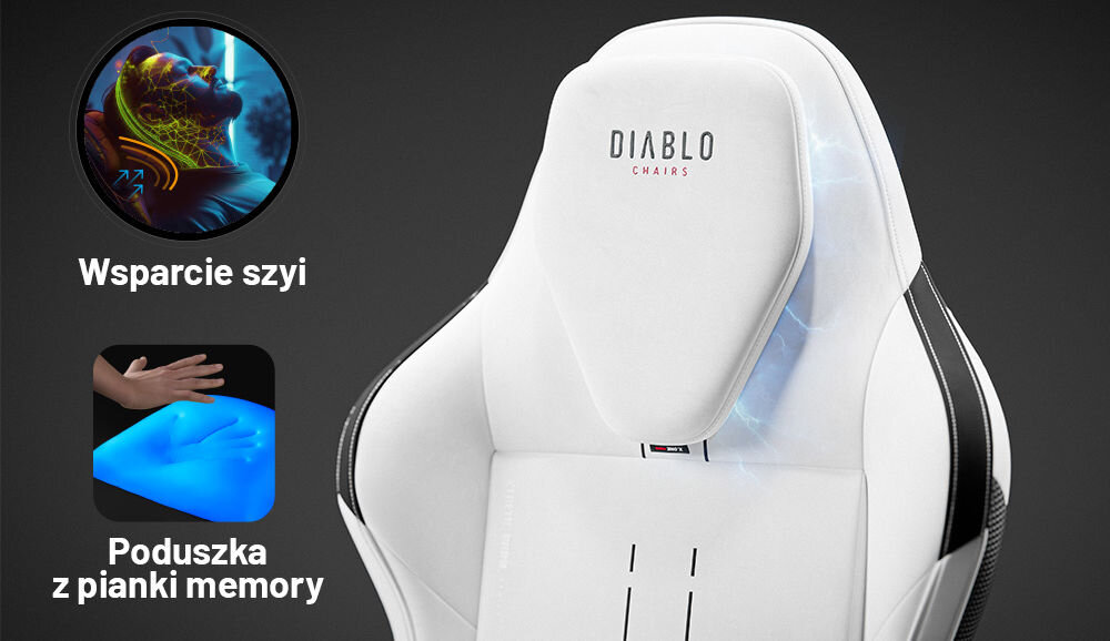 Fotel DIABLO CHAIRS X-One 2.0 Prime Biało-czarny prezentacja magnetycznego zagłówka tekst wsparcie szyi poduszka z pianki memory komfort szyi głowy