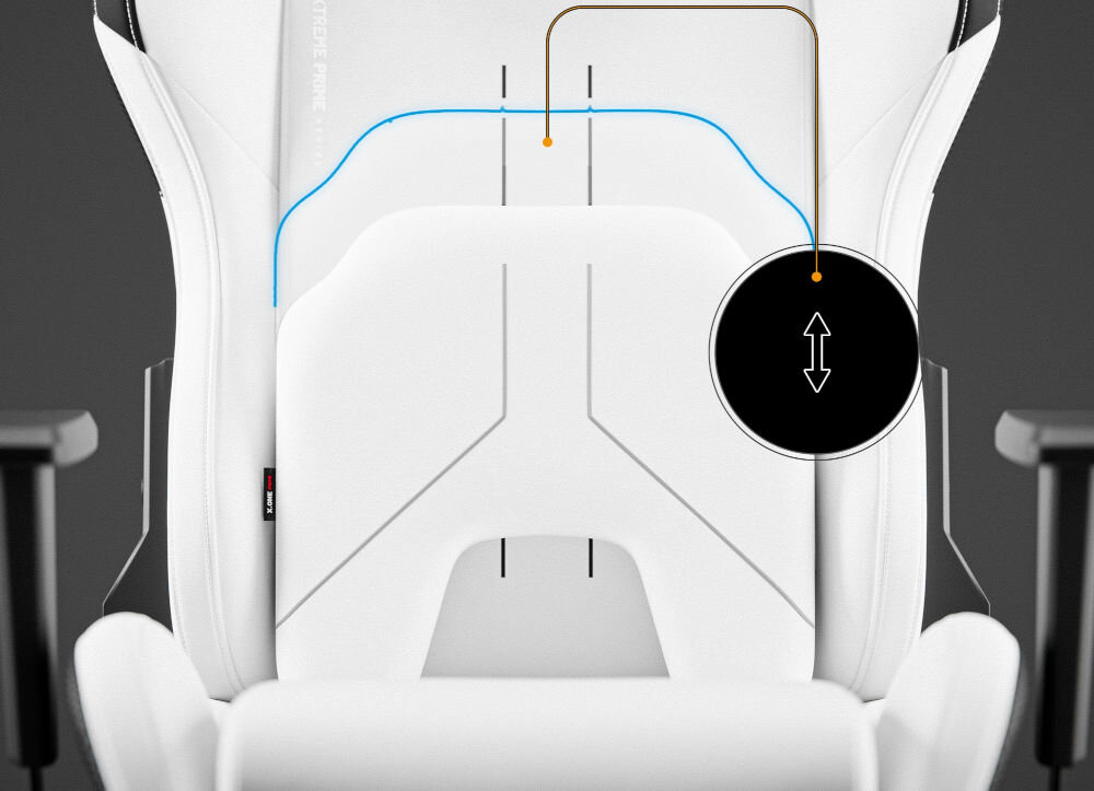 Fotel DIABLO CHAIRS X-One 2.0 Prime Biało-czarny zbliżenie na poduszkę lędźwiową wsparcie dolnego odcinka kręgosłupa elastyczna konstrukcja regulacja sprzyja utrzymaniu właściwej pozycji