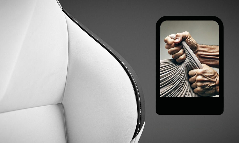 Fotel DIABLO CHAIRS X-One 2.0 Prime Biało-czarny zbliżenie na oparcie fotela szare tło wypełnienie ze sprężystej pianki HR dostosowanie profilu lędźwiowego wygoda