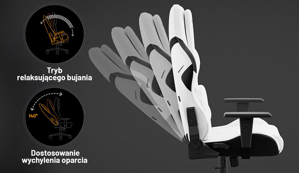 Fotel DIABLO CHAIRS X-One 2.0 Prime Biało-czarny prezentacja możliwej regulacji fotela na szarym tle Tilttech™ Lift dopasowanie wysokości siedziska mechanizm bujania Tilttech™ Gear pochylenie od 90 stopni do 140 stopni komfort
