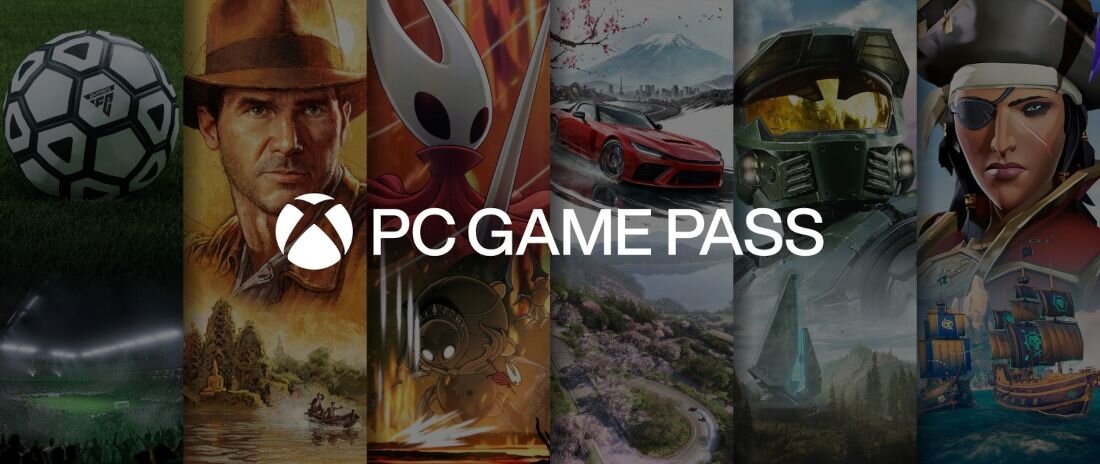 Obraz przedstawia różnorodne postacie z gier w tle, z logo Xbox i napisem \'PC GAME PASS\' na środku. Tło jest kolorowe i zawiera elementy fantastyczne oraz realistyczne.