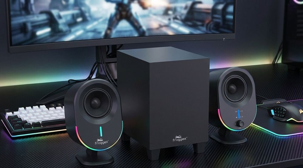 Głośniki FROGGIEX FX-PC-GS1-B 2.1 zestaw gamingowy 50W RMS dynamiczne brzmienie subwoofer satelity LED, głośniki stojące na biurku gamingowym