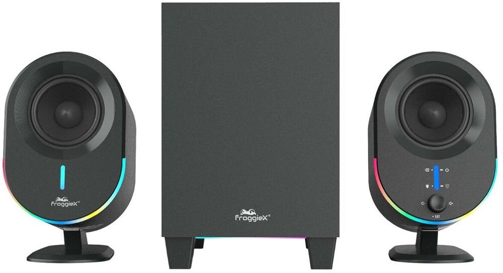 Głośniki FROGGIEX FX-PC-GS1-B 2.1 50W RMS 85dB zestaw trzy głośniki subwoofer satelity mocne brzmienie, głośniki od frontu na białym tle