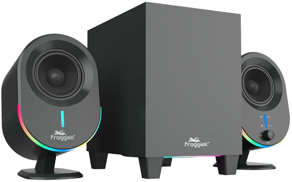 Głośniki FROGGIEX FX-PC-GS1-B pasmo 40Hz 20kHz głęboki bas wysokie tony subwoofer satelity szczegółowy dźwięk, głośniki po skosie na białym tle