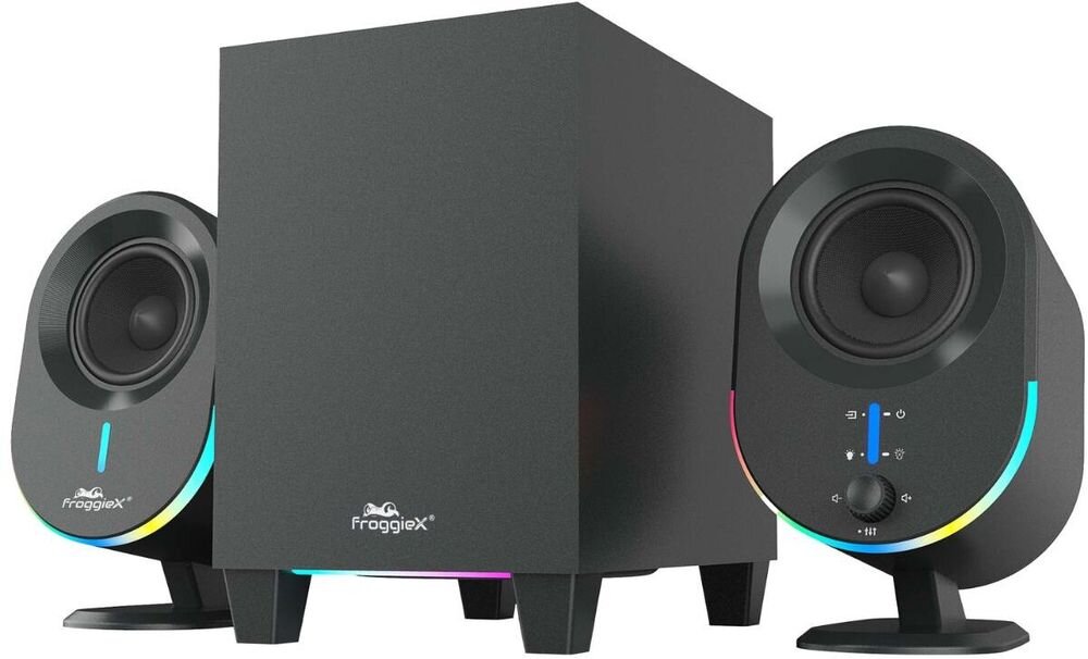 Głośniki FROGGIEX FX-PC-GS1-B Bluetooth AUX USB-C Plug and Play pokrętło regulacji głośności łatwa obsługa, głośniki po skosie na białym tle