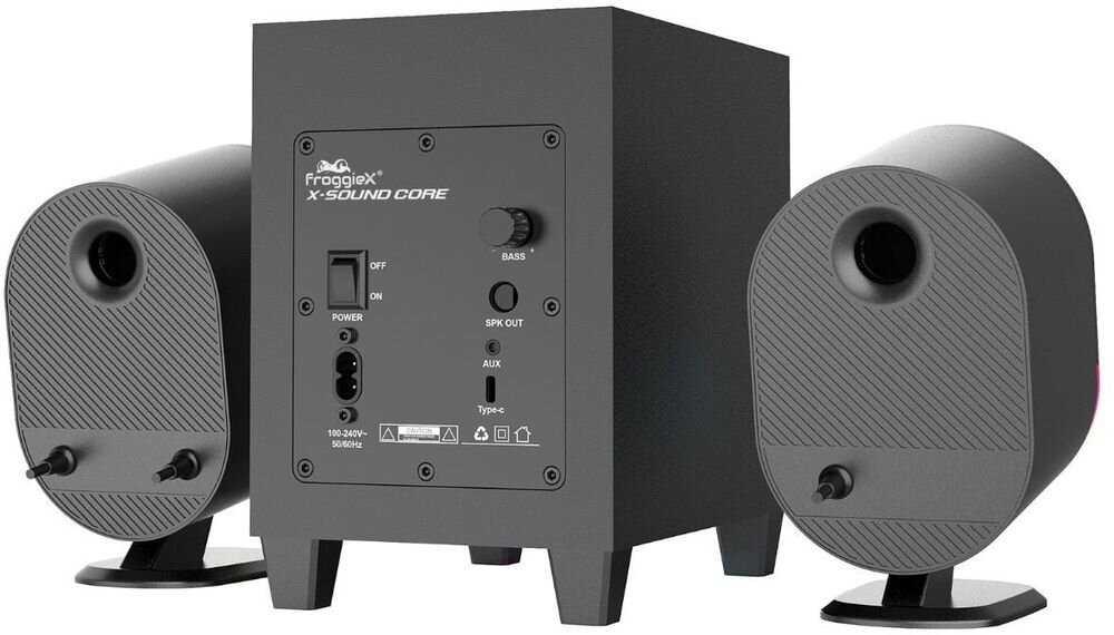 Głośniki FROGGIEX FX-PC-GS1-B podświetlenie LED zasilanie AC 100-240V kompaktowy zestaw gamingowy na biurko, głośniki od tyłu na białym tle