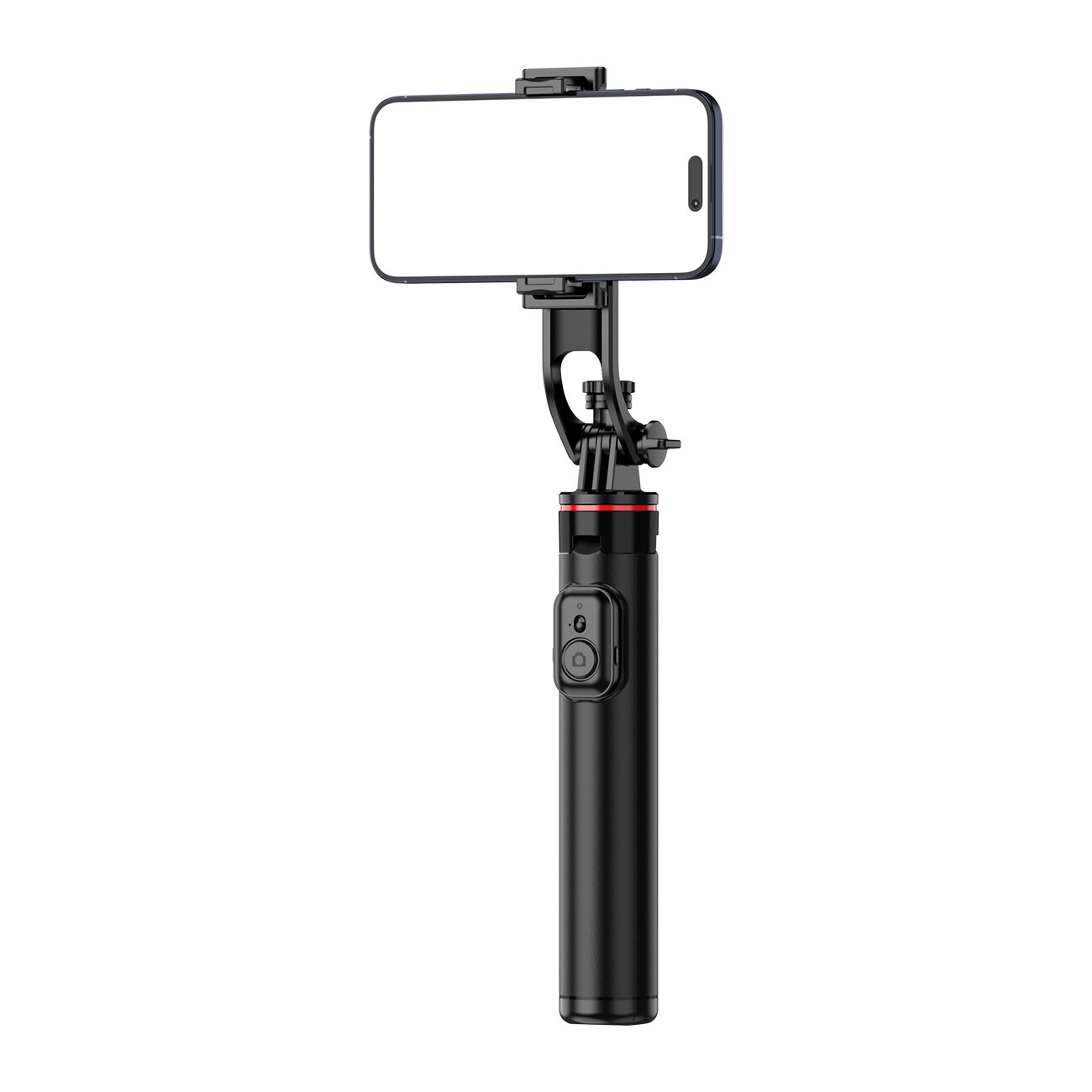 Czarny teleskopowy selfie stick z uchwytem na telefon, wykonany ze stopu aluminium. Posiada przycisk na rączce oraz czerwony akcent dekoracyjny.