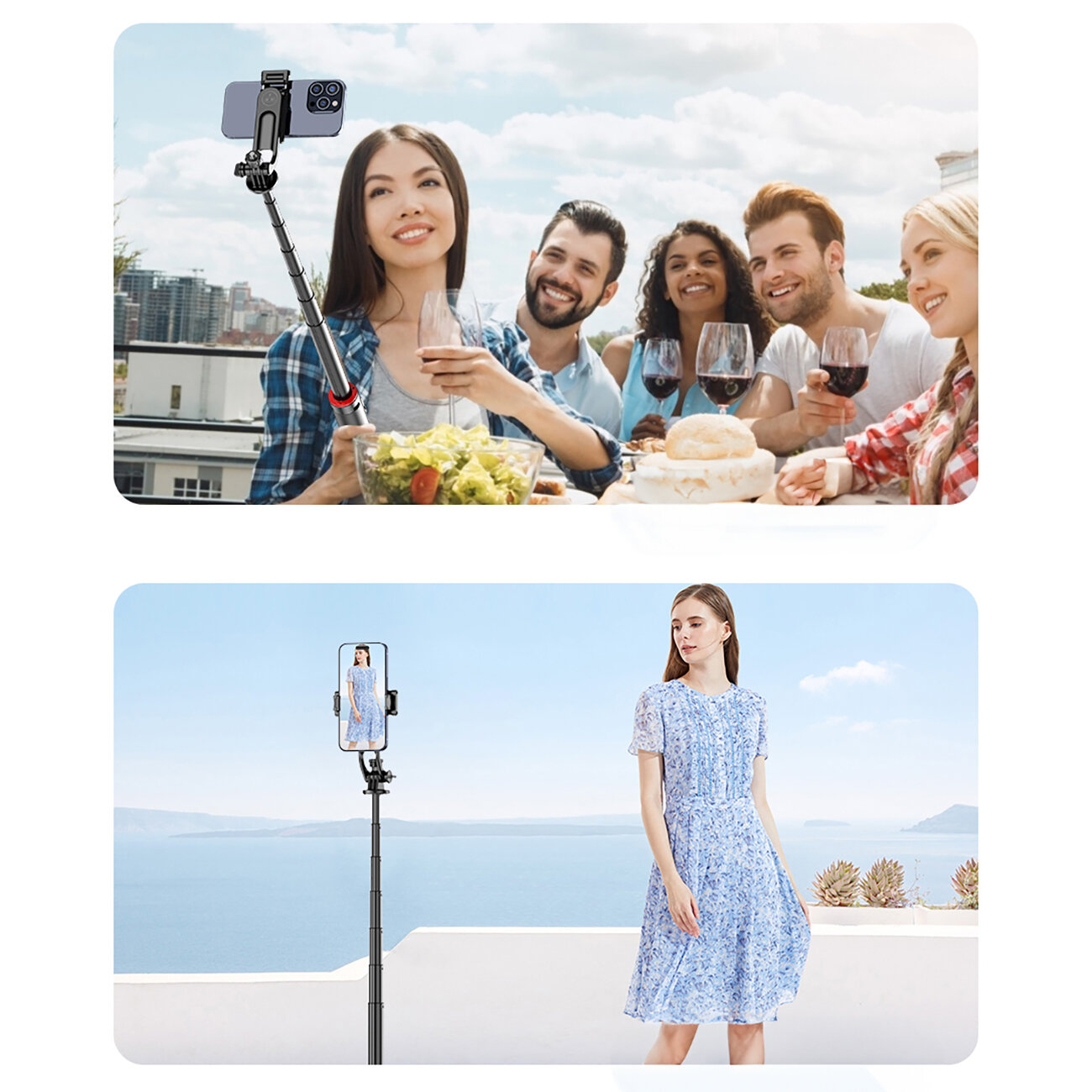 Na górnym zdjęciu grupa osób siedzi przy stole na zewnątrz, używając selfie sticka z zamocowanym telefonem. Na dolnym zdjęciu kobieta w niebieskiej sukience stoi na tle morza, a przed nią znajduje się selfie stick z telefonem.