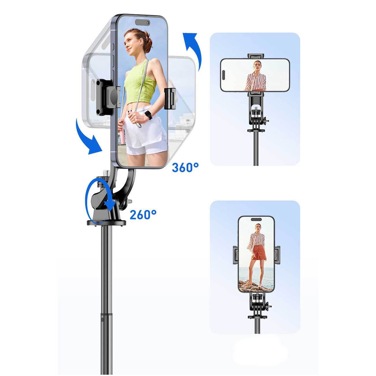 Obraz przedstawia teleskopowy selfie stick z uchwytem na telefon, który można obracać o 360 stopni i pochylać o 260 stopni. Na ekranie telefonu widoczne są zdjęcia osoby w różnych pozach.