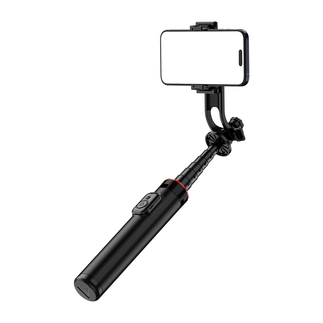 Czarny teleskopowy selfie stick z uchwytem na telefon, wykonany ze stopu aluminium. Posiada przycisk na rączce i jest rozłożony z zamocowanym telefonem.