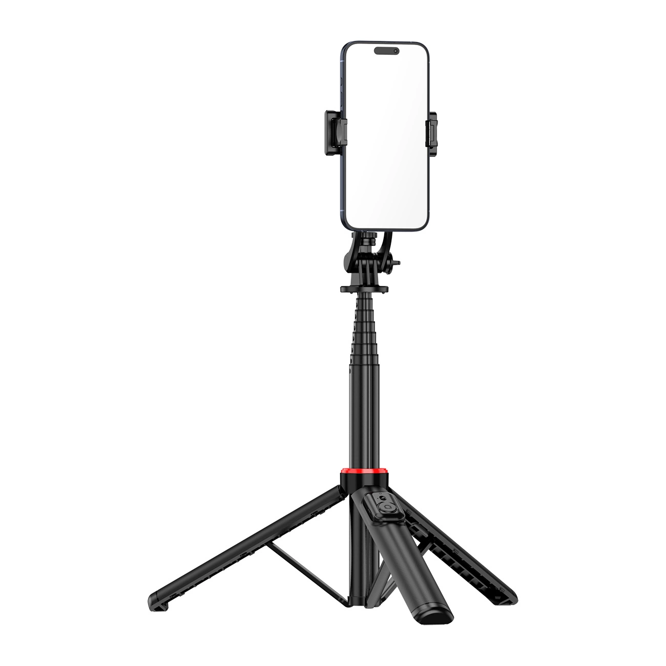Czarny teleskopowy selfie stick z uchwytem na telefon, rozłożony na trójnogu. Telefon jest zamocowany w uchwycie na szczycie urządzenia.