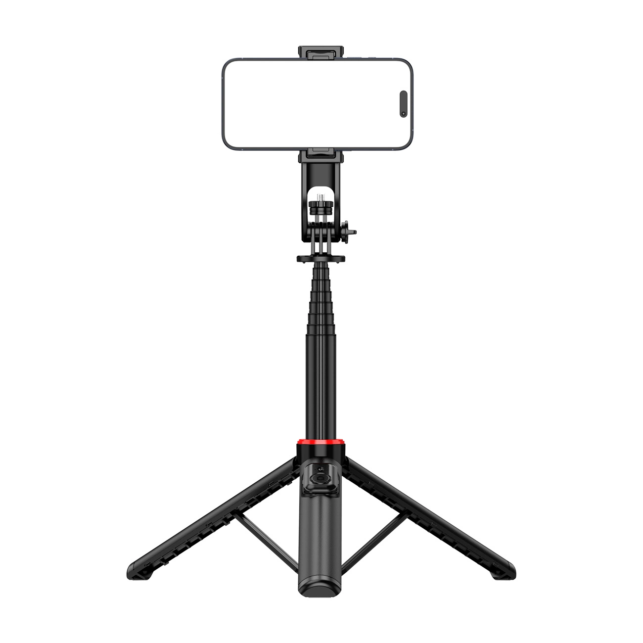 Czarny teleskopowy selfie stick z uchwytem na telefon, wykonany ze stopu aluminium, z rozłożonymi nogami statywu. Na uchwycie zamocowany jest telefon z pustym ekranem.