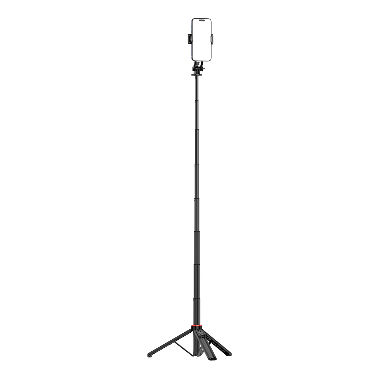 Czarny teleskopowy selfie stick z uchwytem na telefon, rozłożony na pełną wysokość z trzema nogami statywu na dole.