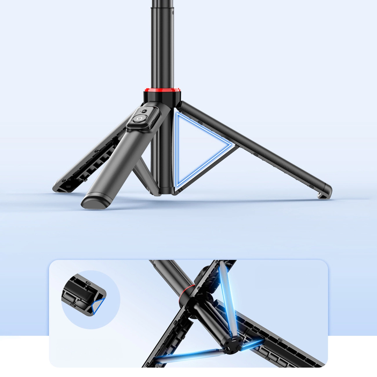 Czarny teleskopowy tripod z uchwytem na telefon, wykonany ze stopu aluminium, z widocznym niebieskim podświetleniem w kształcie trójkąta. Na uchwycie znajduje się przycisk sterujący.
