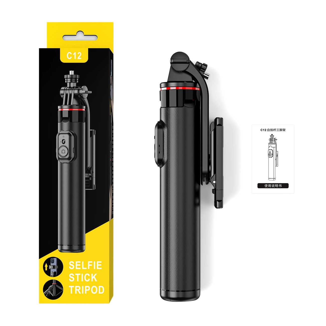 Na obrazie widoczny jest czarny selfie stick z czerwonym akcentem, zaprezentowany obok opakowania z napisem \'SELFIE STICK TRIPOD\'. Obok znajduje się mała ilustracja produktu z chińskimi znakami i oznaczeniem \'C12\'.