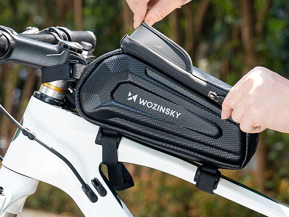 Torba rowerowa na ramę WOZINSKY WB68-Y1S, szybki, montaż, mocne, rzepy, Torba rowerowa z etui na telefon na białej ramie.