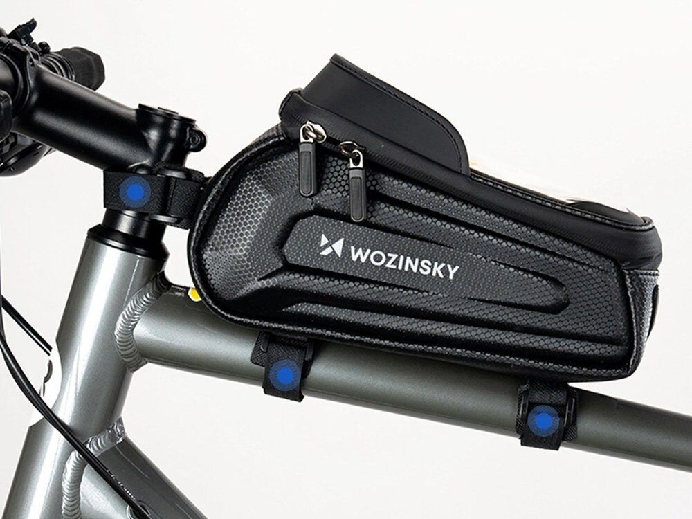 Torba rowerowa na ramę WOZINSKY WB68-Y1S, materiał, wodoodporny, ochrona, deszcz, Widok z boku na torbę rowerową z miejscem na telefon.
