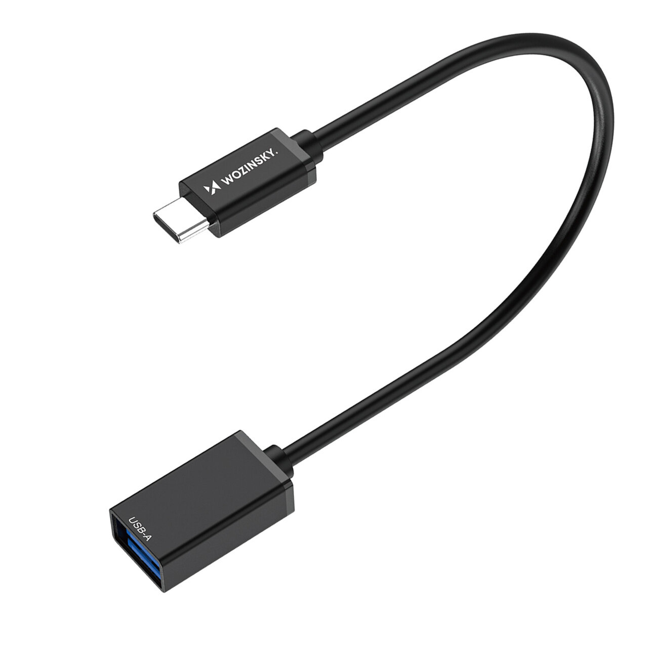 Czarny adapter z kablem, z jednej strony zakończony wtykiem USB-C, a z drugiej gniazdem USB-A. Na wtyku USB-C widoczne jest logo \'WOZINSKY\'.