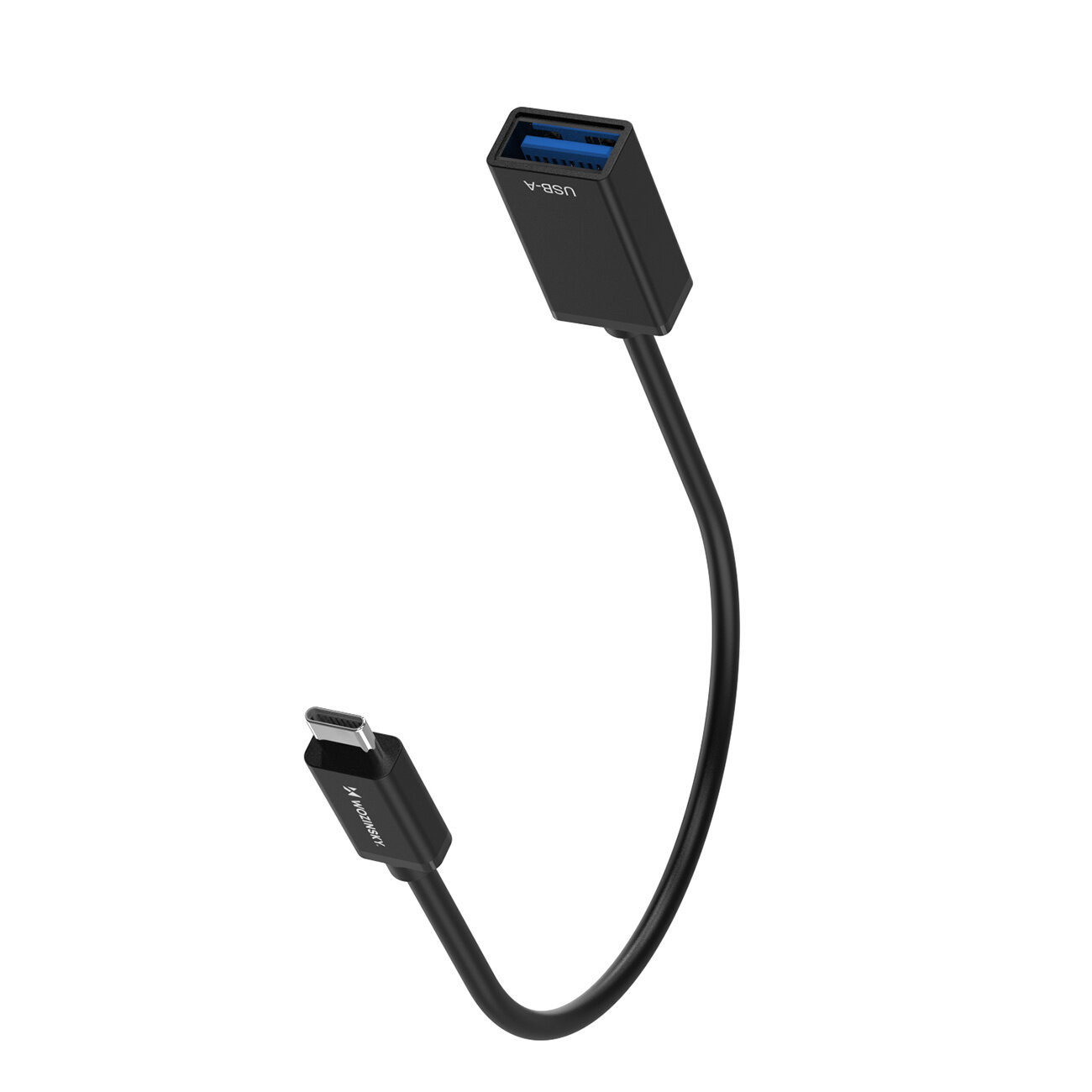 Czarny adapter z kablem, z jednej strony zakończony wtykiem USB-C, a z drugiej gniazdem USB-A oznaczonym napisem \'USB-A\'.