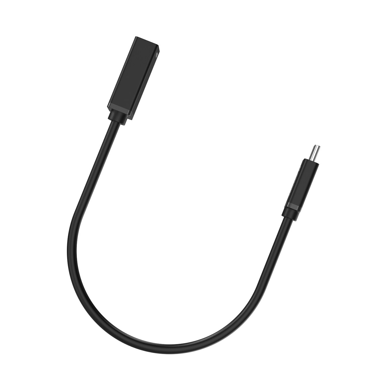 Czarny adapter z jednym końcem USB-C i drugim USB-A, połączony elastycznym kablem.