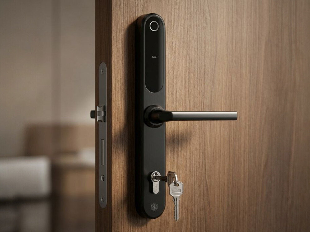 Klamka PSG Tappo 92, telefon, drzwi, Bluetooth, otwórz, Inteligentny zamek zamontowany na drzwiach z włożonym kluczem.