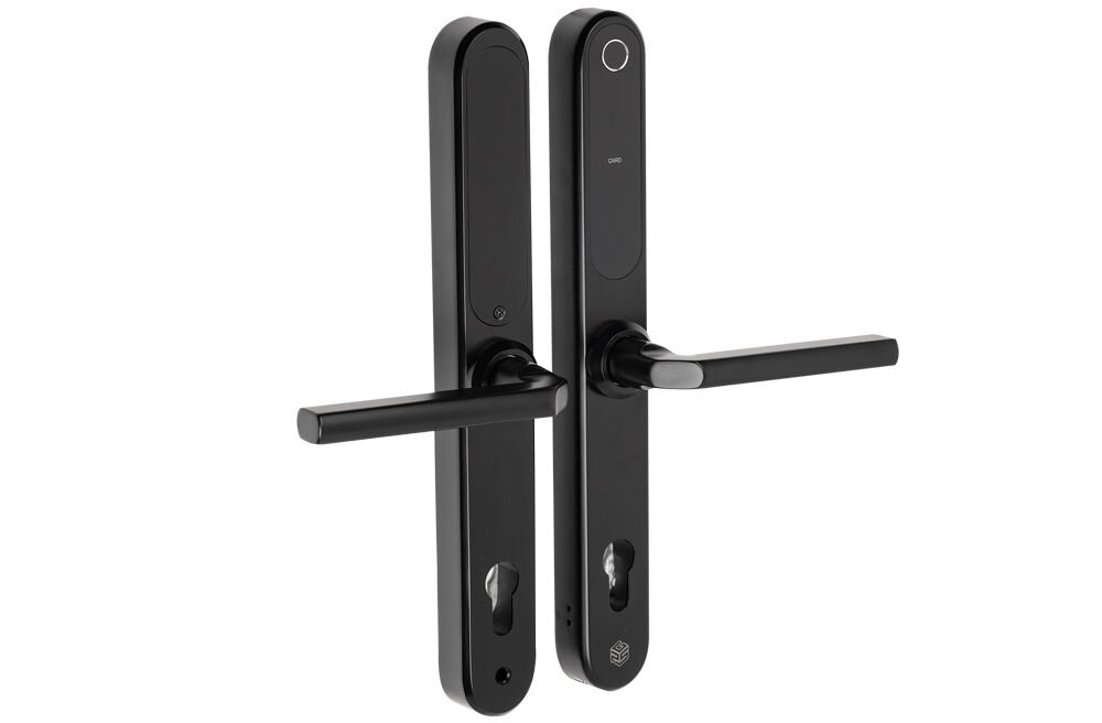 Klamka PSG Tappo 92, premium, elegancka, stalowa, stylowa, Komplet czarnych szyldów inteligentnego zamka do drzwi.