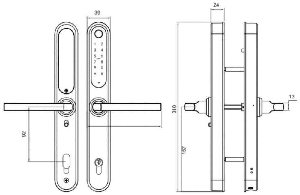 Klamka PSG Tappo 92, 92mm, drewniane, aluminiowe, drzwi, Rysunek techniczny z wymiarami inteligentnego zamka do drzwi.