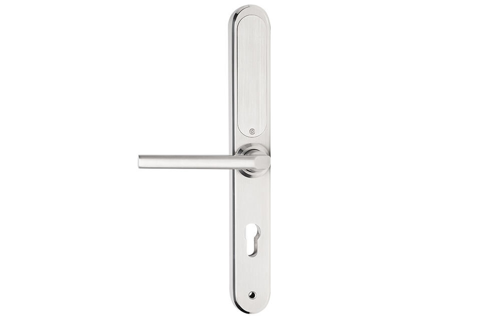 Klamka PSG Verro 72 Srebrny, 72mm, drewniane, aluminiowe, zamki, Wewnętrzny szyld srebrnej klamki z otworem na wkładkę 