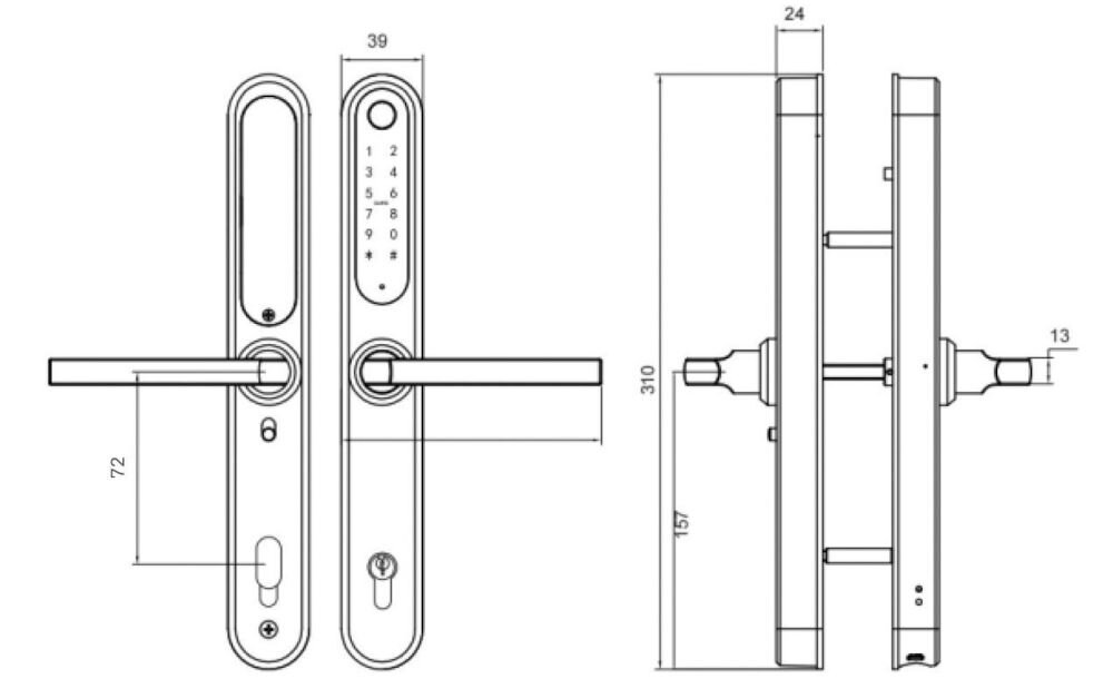Klamka PSG Verro 72 Srebrny, baterie, AA, alarm, montaż, Schemat techniczny i wymiary srebrnej klamki inteligentnej 72mm 