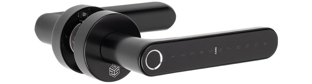 Klamka PSG Luma 63.821 Czarny, kontrola, najem, uprawnienia, użytkownicy, czarna klamka inteligentna z logo na rozecie