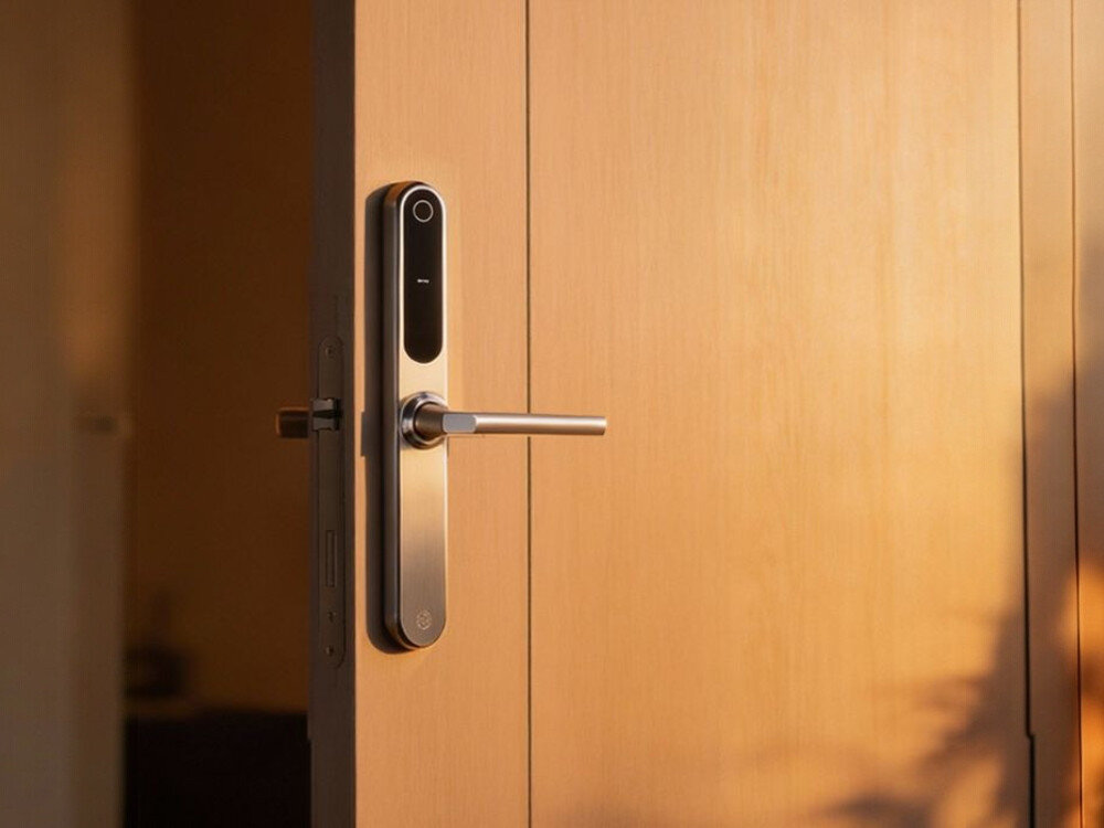 Klamka PSG Tucan Srebrny, dotyk, odcisk, dom, otwórz, Srebrna klamka inteligentna zamontowana na drewnianych drzwiach