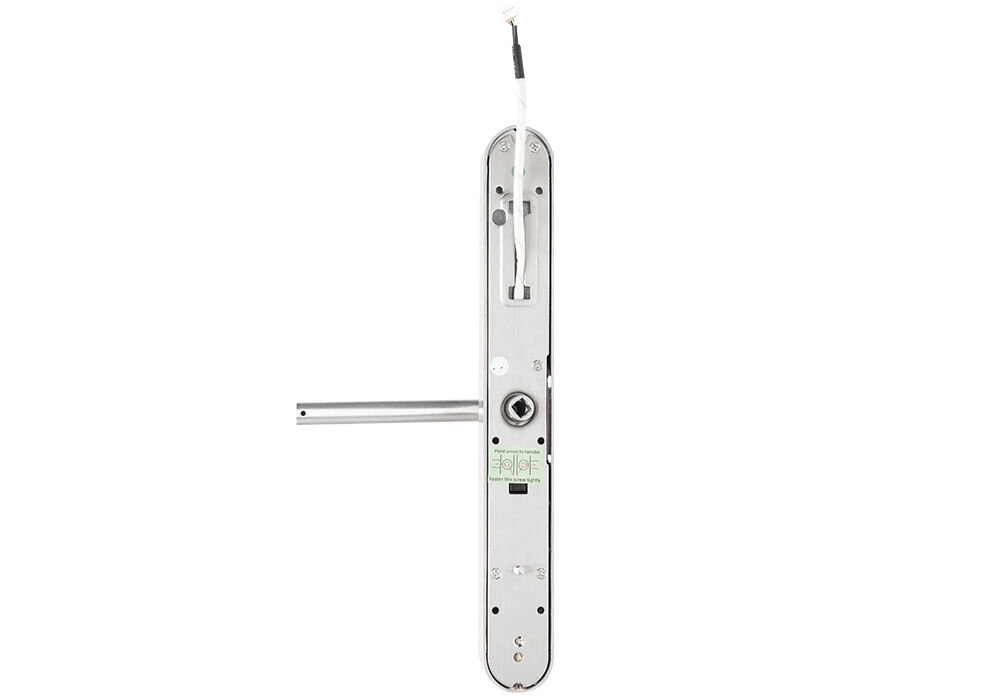 Klamka PSG Tucan Srebrny, drewniane, aluminiowe, 35-65mm, bateryjne, Tył szyldu klamki inteligentnej z przewodem i mechanizmem