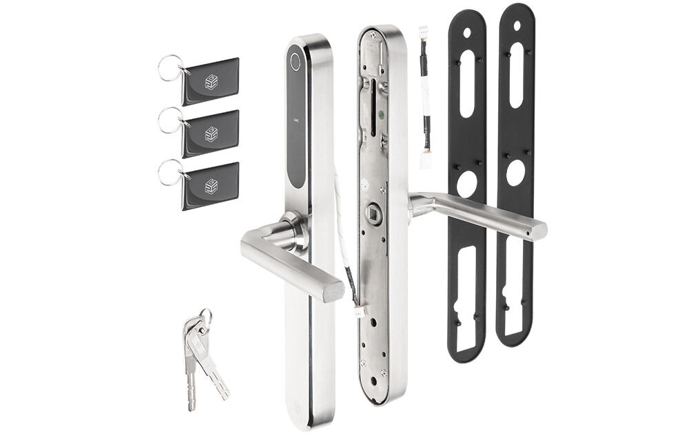 Klamka PSG Tucan Srebrny, dom, biuro, najem, usługi, Zestaw montażowy srebrnej klamki smart z brelokami i kluczami 
