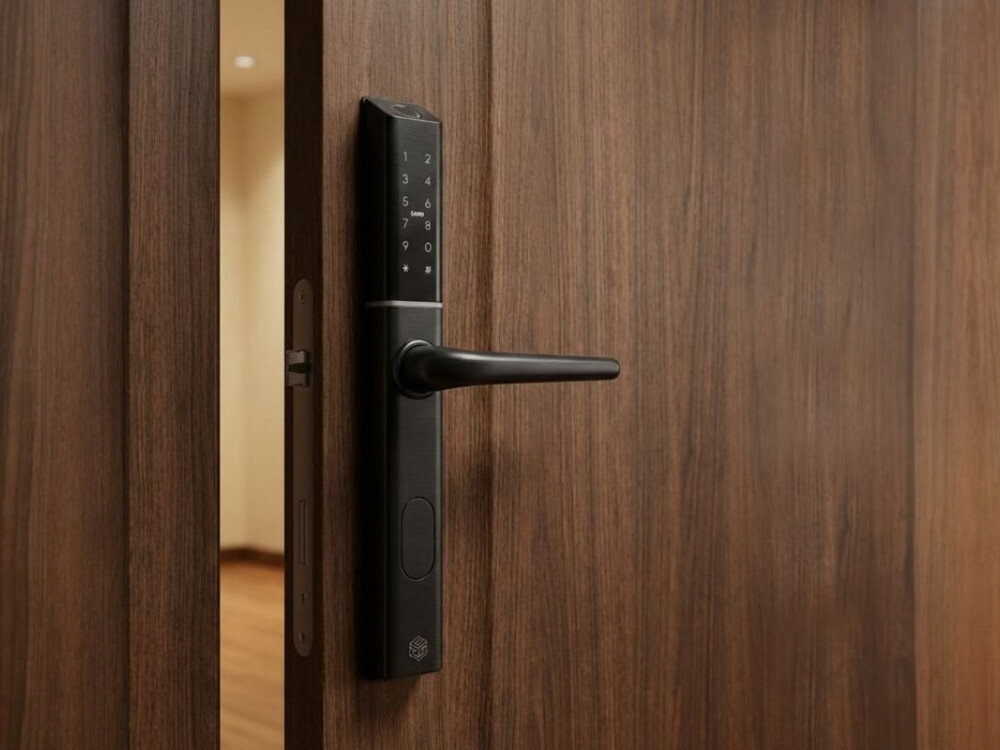 Klamka PSG Colibri 63.822.B Czarny, elegancja, dotyk, smukła, szyld, Czarna klamka elektroniczna zamontowana na ciemnych drzwiach