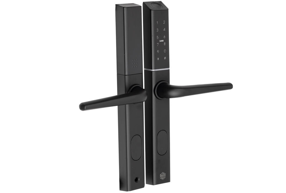 Klamka PSG Colibri 63.822.B Czarny, regulowany, 72mm, 85mm, montaż, Czarna klamka inteligentna – widok na szyld zewnętrzny i wewnętrzny