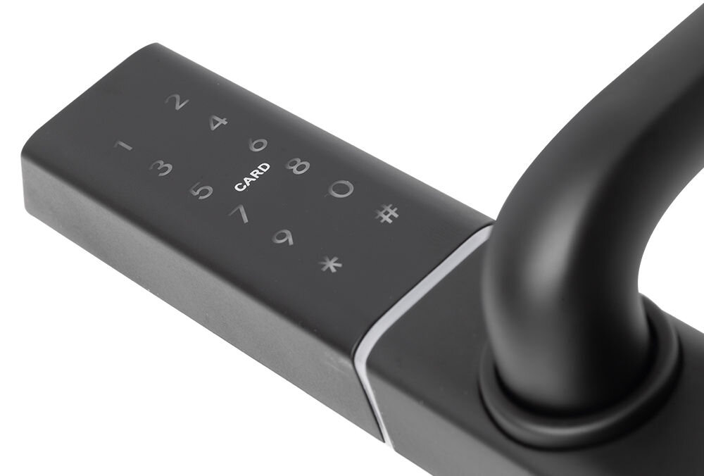 Klamka PSG Colibri 63.822.B Czarny, odcisk, PIN, karta, Bluetooth, Zbliżenie na klawiaturę numeryczną czarnej klamki elektronicznej