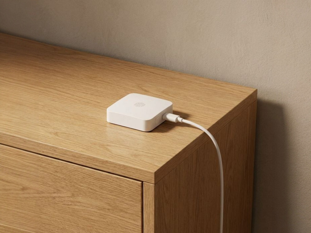 Bramka PSG 63.850, Smart Life, Tuya, uprawnienia, czasowe, bramka smart na jasnym, drewnianym blacie 