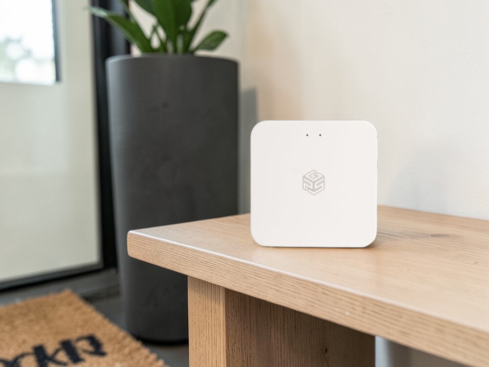 Bramka PSG 63.850, dom, najem, biuro, bezpieczeństwo, Bramka Wi-Fi stojąca na drewnianym stoliku w jasnym wnętrzu